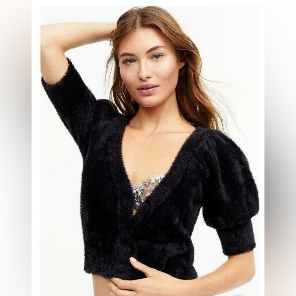 For Love and Lemons Fiona black cropped fuzzy cardigan XS